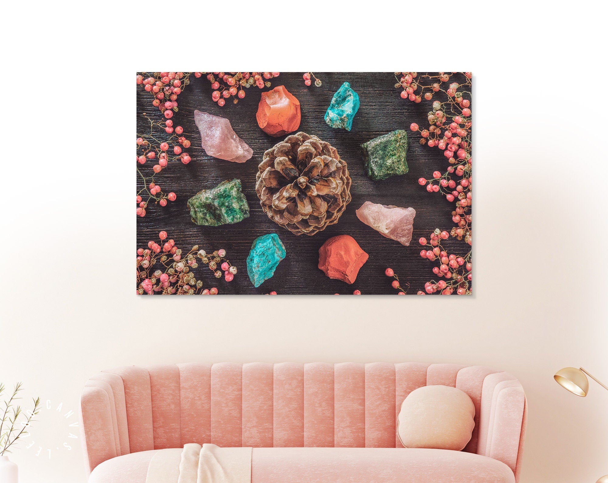 Pine Cone with Stones Canvas Print // Earth Witchery Crystal Energy Healing Wall Art