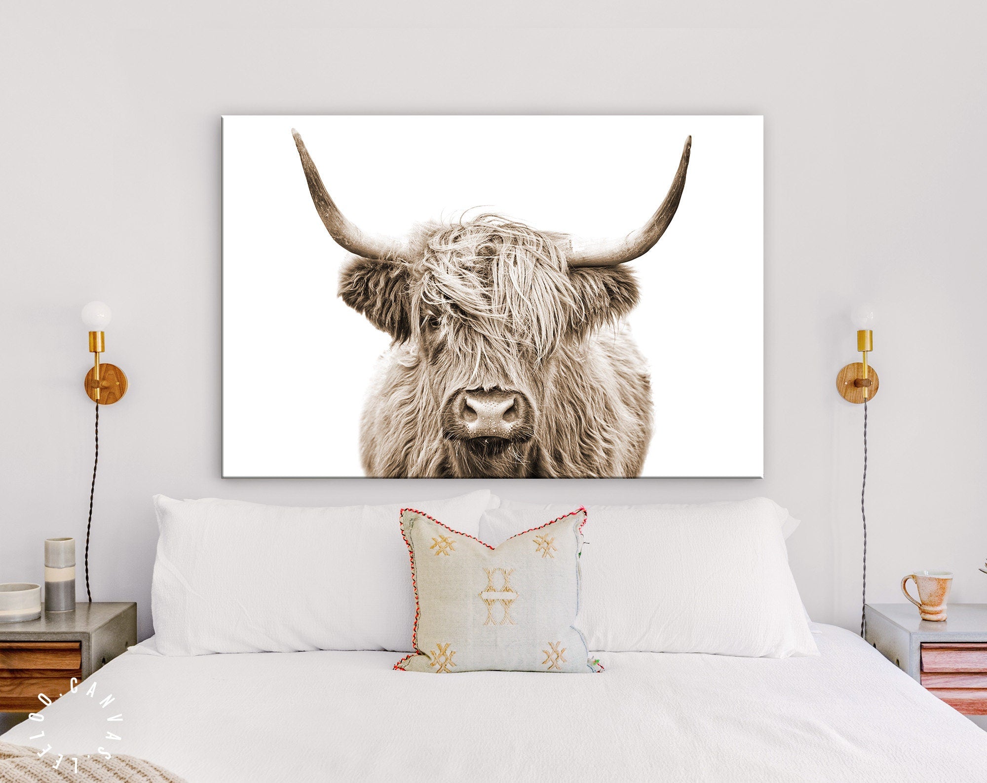 Highland Cow Sepia Canvas Print // Highland Cow Sepia Canvas Wall Decor
