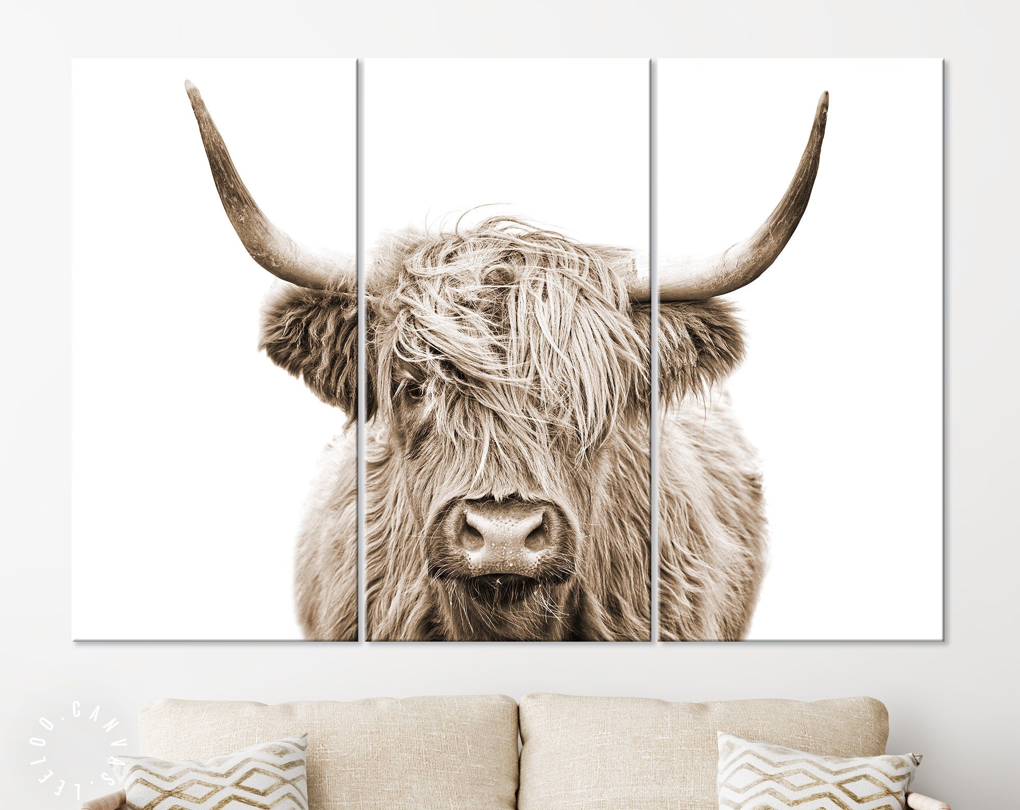 Highland Cow Sepia Canvas Print // Highland Cow Sepia Canvas Wall Decor