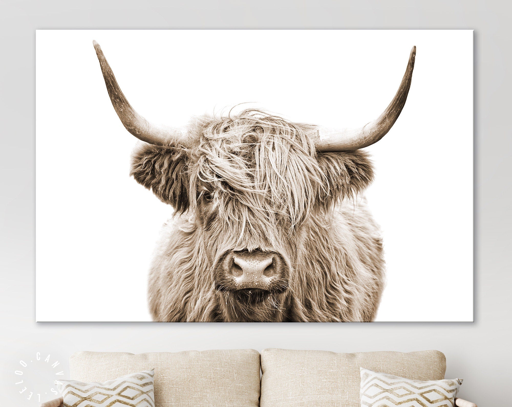 Highland Cow Sepia Canvas Print // Highland Cow Sepia Canvas Wall Decor