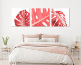 Pink Monstera Leaf Canvas Wall Art // Minimalist Leaves of Monstera Plant Triptych Canvas Print