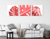 Pink Monstera Leaf Canvas Wall Art // Minimalist Leaves of Monstera Plant Triptych Canvas Print