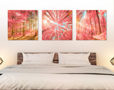 Pink Forest Trees Canvas Wall Art // Sunlight Shining Through Pink Trees Triptych Canvas Print