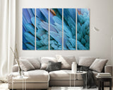 Blue Feather Canvas Print // Close-up of Beautiful Bird Feathers of Blue and Yellow Macaw Wall Art