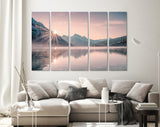 Foggy Mountain Lake at Sunrise Canvas Print // Beautiful Lake With Fog in Mountain Valley at Sunrise Wall Art