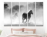 Running Horses Canvas Print // Black and White Wild Horses Running in The Dust Wall Decor