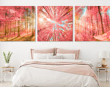 Pink Forest Trees Canvas Wall Art // Sunlight Shining Through Pink Trees Triptych Canvas Print