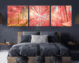 Pink Forest Trees Canvas Wall Art // Sunlight Shining Through Pink Trees Triptych Canvas Print