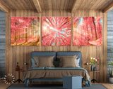 Pink Forest Trees Canvas Wall Art // Sunlight Shining Through Pink Trees Triptych Canvas Print