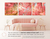 Pink Forest Trees Canvas Wall Art // Sunlight Shining Through Pink Trees Triptych Canvas Print