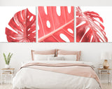 Pink Monstera Leaf Canvas Wall Art // Minimalist Leaves of Monstera Plant Triptych Canvas Print