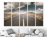 Rocky Desert Road Canvas Print // Asphalt Road And Desert Landscape Under The Blue Sky And Clouds Wall Decor