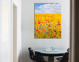 Yellow Meadow Canvas Print // Summer Field with Grain and Flowering Red Poppies Wall Art