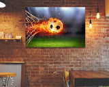 Fiery Soccer Ball Canvas Print // Fiery Soccer Ball In Goal With Net In Flames // Wall Art