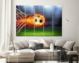 Fiery Soccer Ball Canvas Print // Fiery Soccer Ball In Goal With Net In Flames // Wall Art