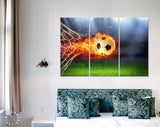 Fiery Soccer Ball Canvas Print // Fiery Soccer Ball In Goal With Net In Flames // Wall Art