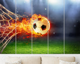 Fiery Soccer Ball Canvas Print // Fiery Soccer Ball In Goal With Net In Flames // Wall Art