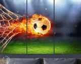 Fiery Soccer Ball Canvas Print // Fiery Soccer Ball In Goal With Net In Flames // Wall Art