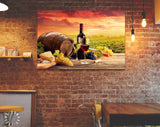 Vineyard Canvas Print // Barrel Wineglasses Cheese And Bottle In Vineyard At Sunset // Canvas Wall Art