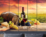 Vineyard Canvas Print // Barrel Wineglasses Cheese And Bottle In Vineyard At Sunset // Canvas Wall Art