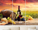 Vineyard Canvas Print // Barrel Wineglasses Cheese And Bottle In Vineyard At Sunset // Canvas Wall Art