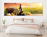 Vineyard Canvas Print // Barrel Wineglasses Cheese And Bottle In Vineyard At Sunset // Panoramic Canvas Wall Art