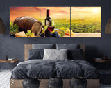 Vineyard Canvas Print // Barrel Wineglasses Cheese And Bottle In Vineyard At Sunset // Panoramic Canvas Wall Art