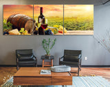 Vineyard Canvas Print // Barrel Wineglasses Cheese And Bottle In Vineyard At Sunset // Panoramic Canvas Wall Art