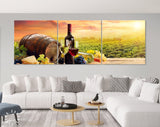 Vineyard Canvas Print // Barrel Wineglasses Cheese And Bottle In Vineyard At Sunset // Panoramic Canvas Wall Art