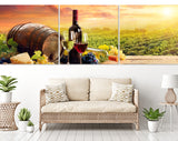 Vineyard Canvas Print // Barrel Wineglasses Cheese And Bottle In Vineyard At Sunset // Panoramic Canvas Wall Art