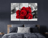 Red Roses Canvas Print // Couple Clinking Glasses Celebrating In Restaurant // Red Roses on Black and White Background Wall Art