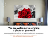 Red Roses Canvas Print // Couple Clinking Glasses Celebrating In Restaurant // Red Roses on Black and White Background Wall Art