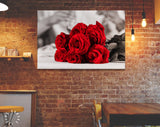 Red Roses Canvas Print // Couple Clinking Glasses Celebrating In Restaurant // Red Roses on Black and White Background Wall Art