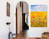 Yellow Meadow Canvas Print // Summer Field with Grain and Flowering Red Poppies Wall Art