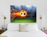 Fiery Soccer Ball Canvas Print // Fiery Soccer Ball In Goal With Net In Flames // Wall Art