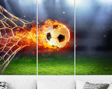 Fiery Soccer Ball Canvas Print // Fiery Soccer Ball In Goal With Net In Flames // Wall Art