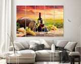 Vineyard Canvas Print // Barrel Wineglasses Cheese And Bottle In Vineyard At Sunset // Canvas Wall Art