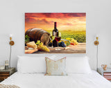 Vineyard Canvas Print // Barrel Wineglasses Cheese And Bottle In Vineyard At Sunset // Canvas Wall Art