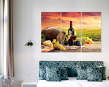 Vineyard Canvas Print // Barrel Wineglasses Cheese And Bottle In Vineyard At Sunset // Canvas Wall Art