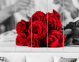 Red Roses Canvas Print // Couple Clinking Glasses Celebrating In Restaurant // Red Roses on Black and White Background Wall Art