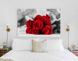 Red Roses Canvas Print // Couple Clinking Glasses Celebrating In Restaurant // Red Roses on Black and White Background Wall Art