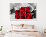 Red Roses Canvas Print // Couple Clinking Glasses Celebrating In Restaurant // Red Roses on Black and White Background Wall Art