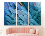 Blue Feather Canvas Print // Close-up of Beautiful Bird Feathers of Blue and Yellow Macaw Wall Art