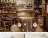 Retro Vintage Car Canvas Print // Retro Vintage Car in the garage with lots of mechanical details and tools