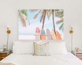 Surfboards Rider Canvas Print // Surfboard and Palm Tree on Beach Background