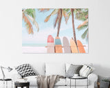 Surfboards Rider Canvas Print // Surfboard and Palm Tree on Beach Background