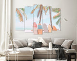 Surfboards Rider Canvas Print // Surfboard and Palm Tree on Beach Background