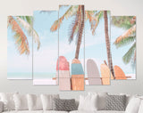 Surfboards Rider Canvas Print // Surfboard and Palm Tree on Beach Background