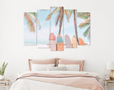 Surfboards Rider Canvas Print // Surfboard and Palm Tree on Beach Background