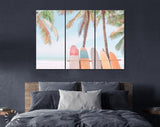 Surfboards Rider Canvas Print // Surfboard and Palm Tree on Beach Background